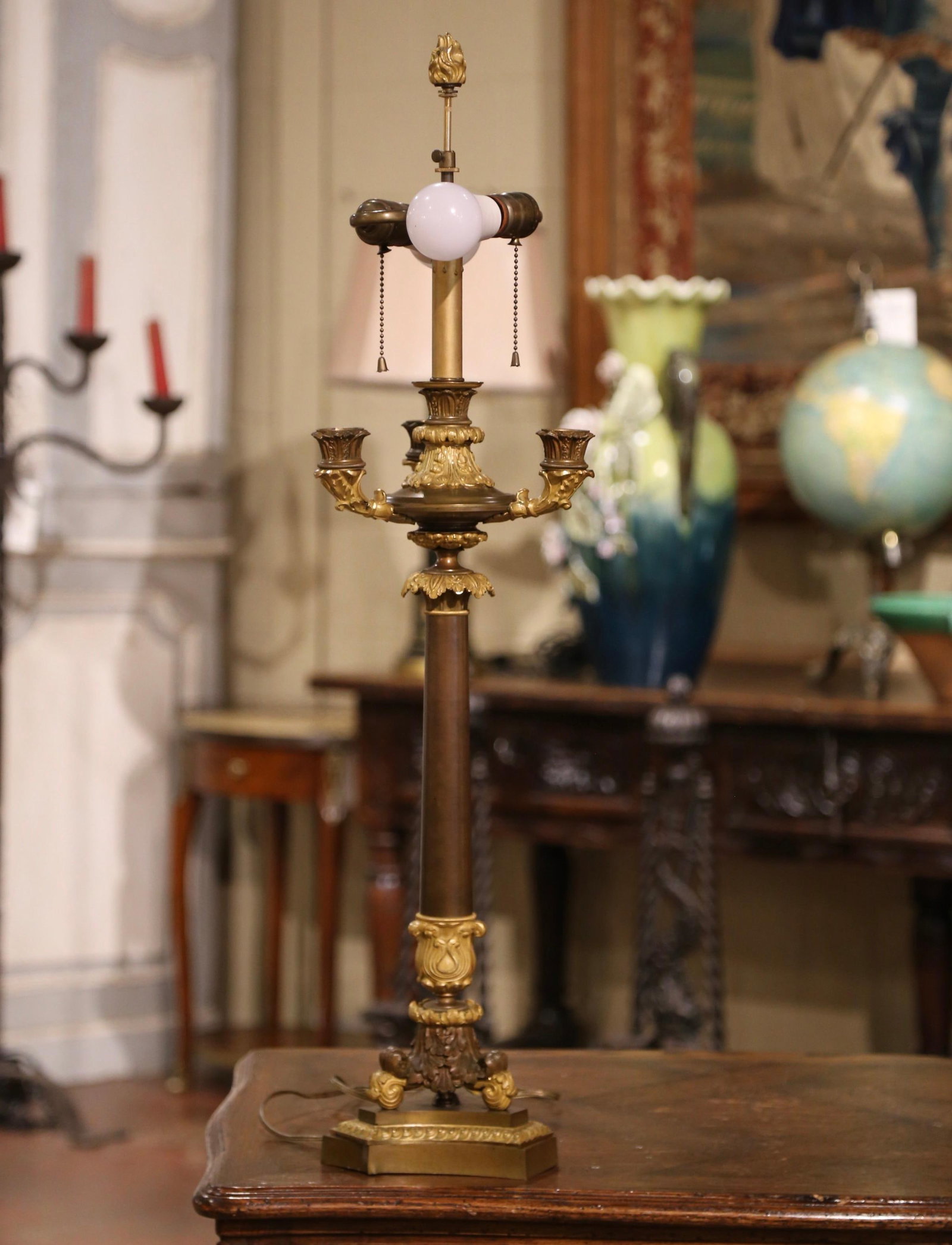 19th Century French Empire Two-Light Bronze Dore Candelabra Lamp - 3