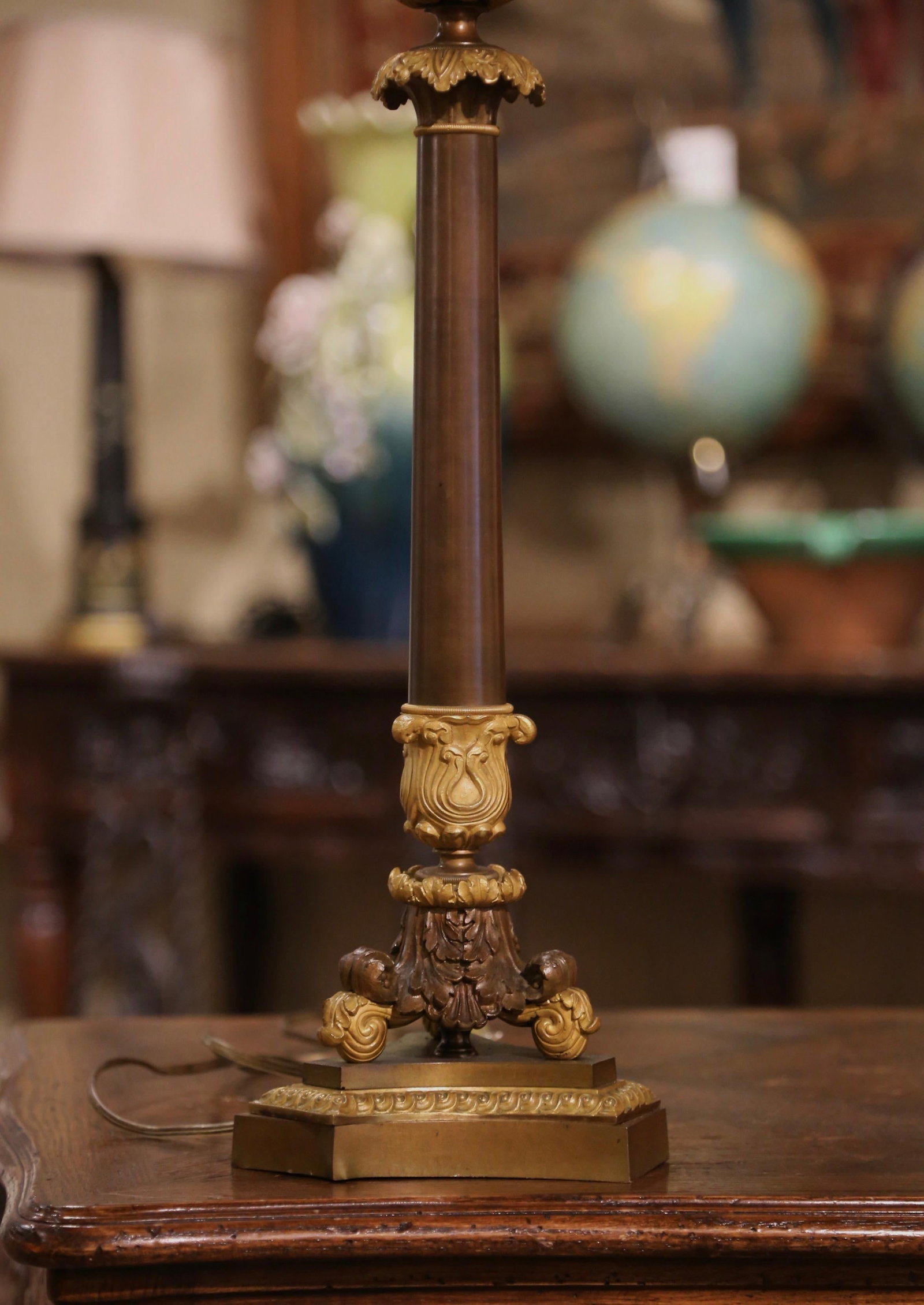 19th Century French Empire Two-Light Bronze Dore Candelabra Lamp - 4