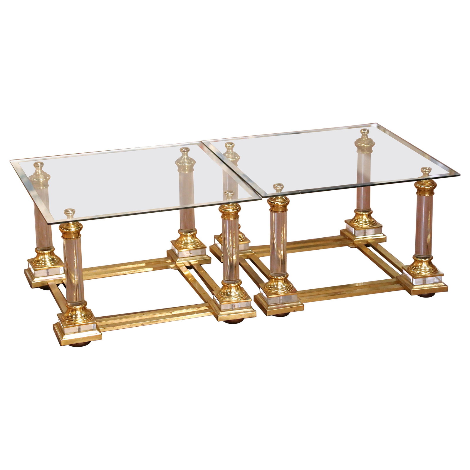 Set of Two French Acrylic Brass Hollywood Regency Style Square Side Tables: Set of Two French Acrylic Brass Hollywood Regency Style Square Side Tables This pair of mid-century French side tables embodies the Hollywood Regency style with a sophisticated mix of acrylic, brass, 
