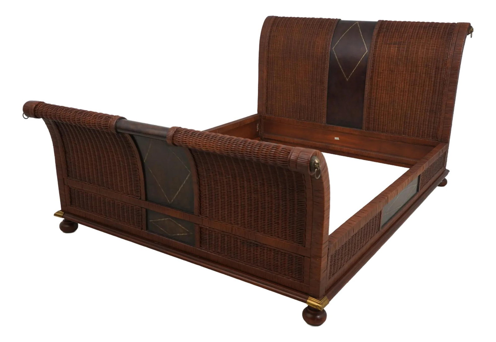 Regency Queen Bed Rattan Leather with Brass Lion Head Accents: Regency Queen Bed Rattan Leather with Brass Lion Head Accents This exquisite Queen Size Rattan & Leather Regency Bed showcases a timeless design with a rich history of approximately 30 years. Crafted 