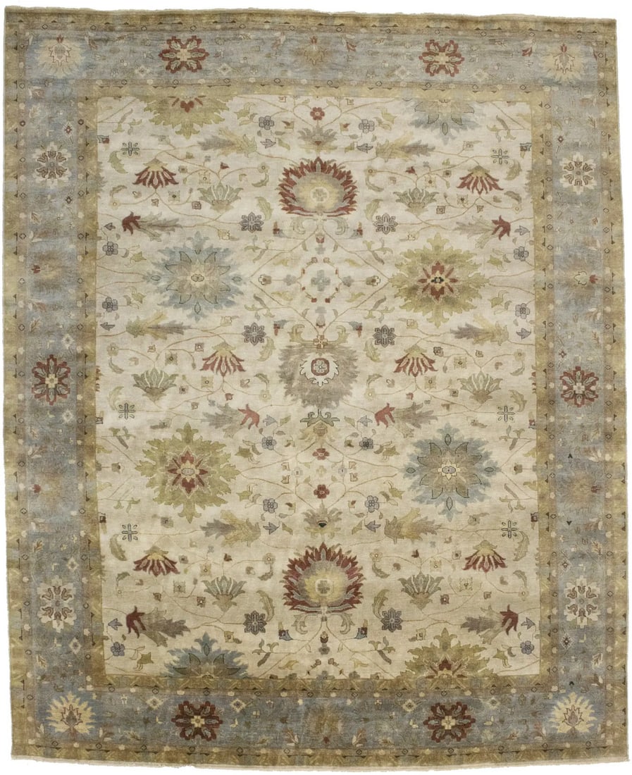 Oversized Handmade Wool Area Rug Floral Vintage Look 12'2 x 14'10 India: Oversized Handmade Wool Area Rug Floral Vintage Look 12'2 x 14'10 India This handmade Osh Chobi Peshawar rug features a vintage-inspired design with a floral pattern in tones of beige, light blue, rus