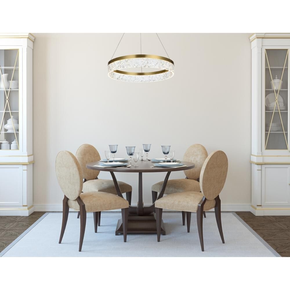 Linden Satin Gold LED Chandelier 22 Inch Adjustable Height: Linden Satin Gold LED Chandelier 22 Inch Adjustable Height Elevate your interior with this modern chandelier, designed for versatility and elegance in spaces such as foyers, living rooms, dining areas