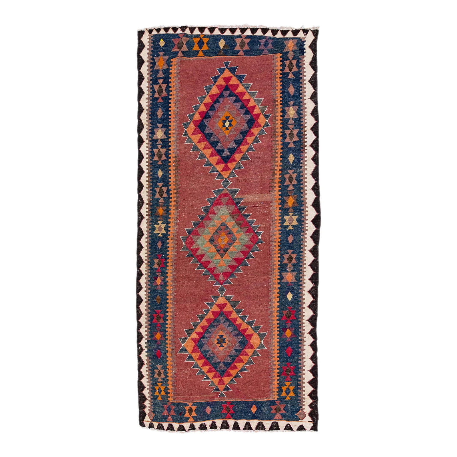 Vintage Turkish Kilim Handmade Wool Rug 4'4 x 9'8 Red Tribal Design: Vintage Turkish Kilim Handmade Wool Rug 4'4 x 9'8 Red Tribal Design This stunning mid-20th century Turkish Kilim rug features a vibrant red field adorned with a navy blue frame and multicolored accent