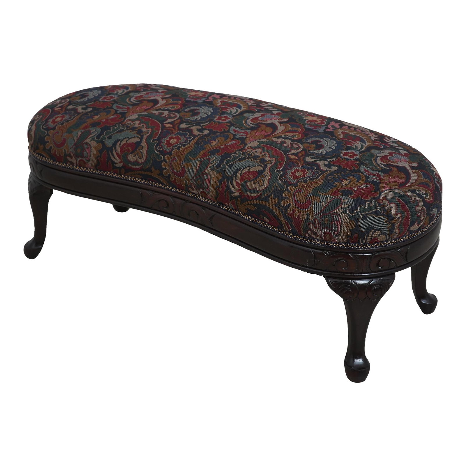 1930s Vintage Kidney Shaped Bench Newly Upholstered Tapestry: 1930s Vintage Kidney Shaped Bench Newly Upholstered Tapestry This vintage kidney-shaped bench from the 1930s features a robust frame and exceptional quality construction. Professionally reupholstered 