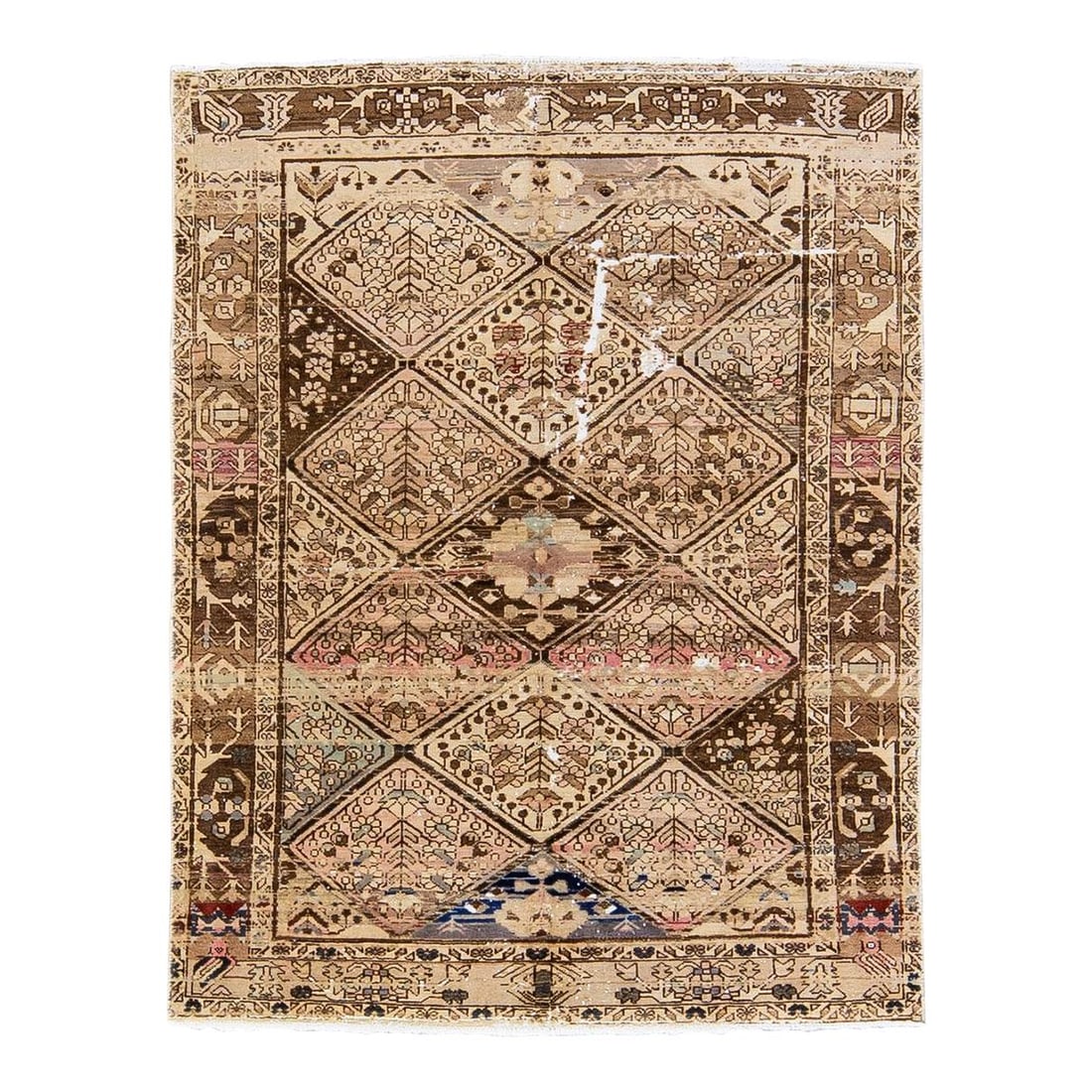 1960s Handmade Floral Beige Wool Rug 5'3 x 6'9 Distressed Design: 1960s Handmade Floral Beige Wool Rug 5'3 x 6'9 Distressed Design Explore the charm of this vintage hand-knotted wool rug featuring a beautiful floral design in a soft beige field. Accented with blue, 