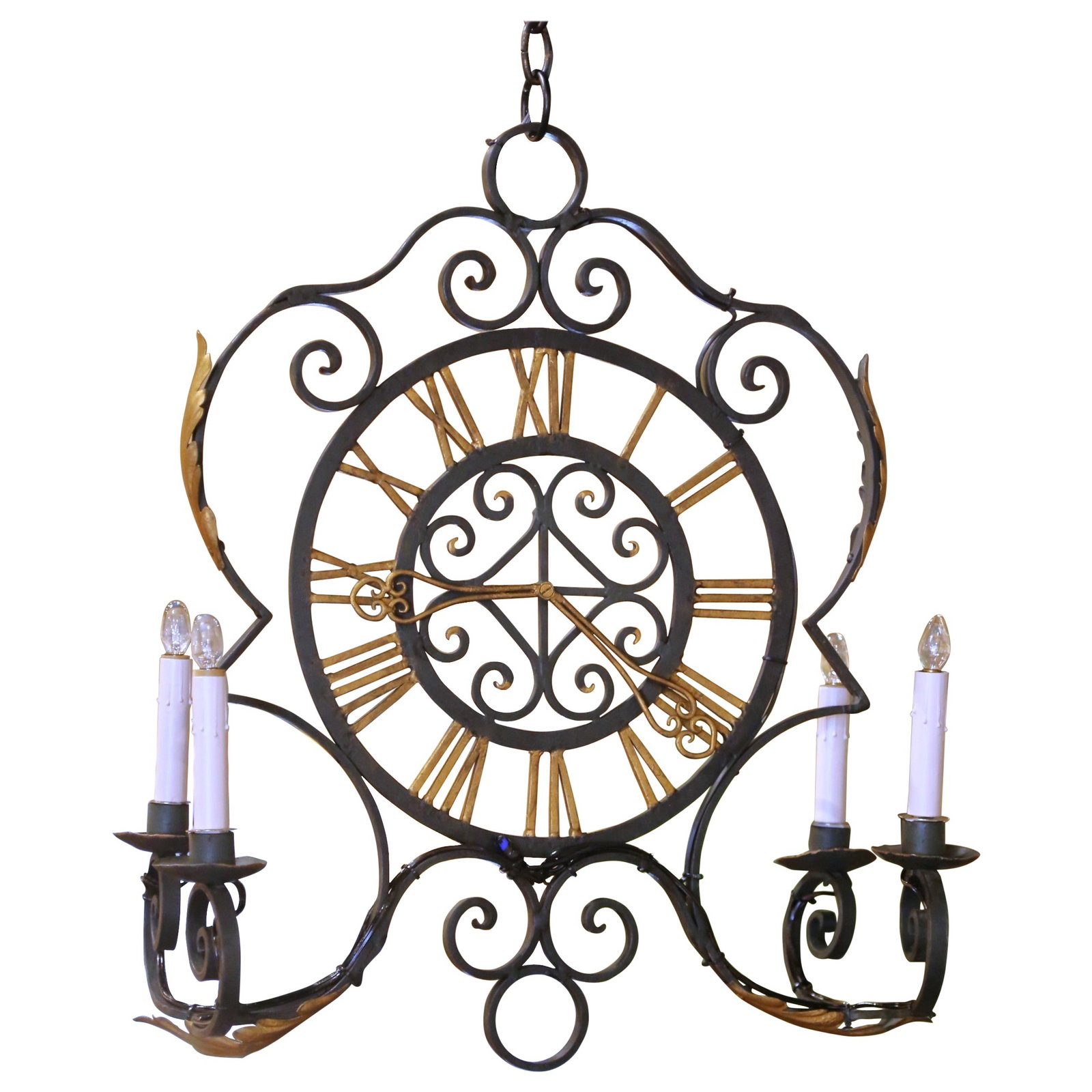 Antique French Louis XV Iron Clock Face Chandelier circa 1920: Antique French Louis XV Iron Clock Face Chandelier circa 1920 Elevate your home decor with this exquisite Early 20th Century French Chandelier, embodying the elegance of the Louis XV style. Crafted in
