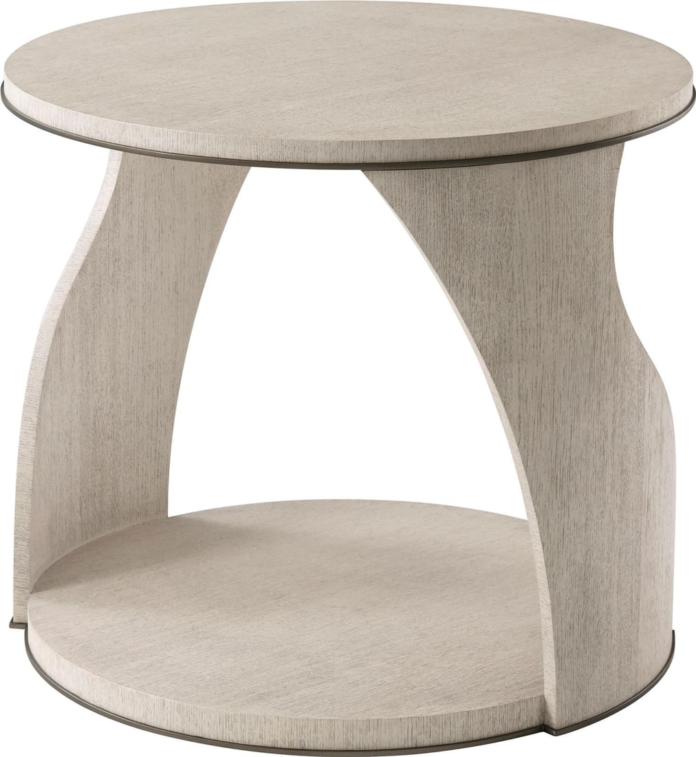 Theodore Alexander Modern Oak Veneer Circular Side Table: Theodore Alexander Modern Oak Veneer Circular Side Table This Casual Modern Adelmo Side Table features a stylish circular design crafted from oak veneer, providing a sleek and contemporary addition to