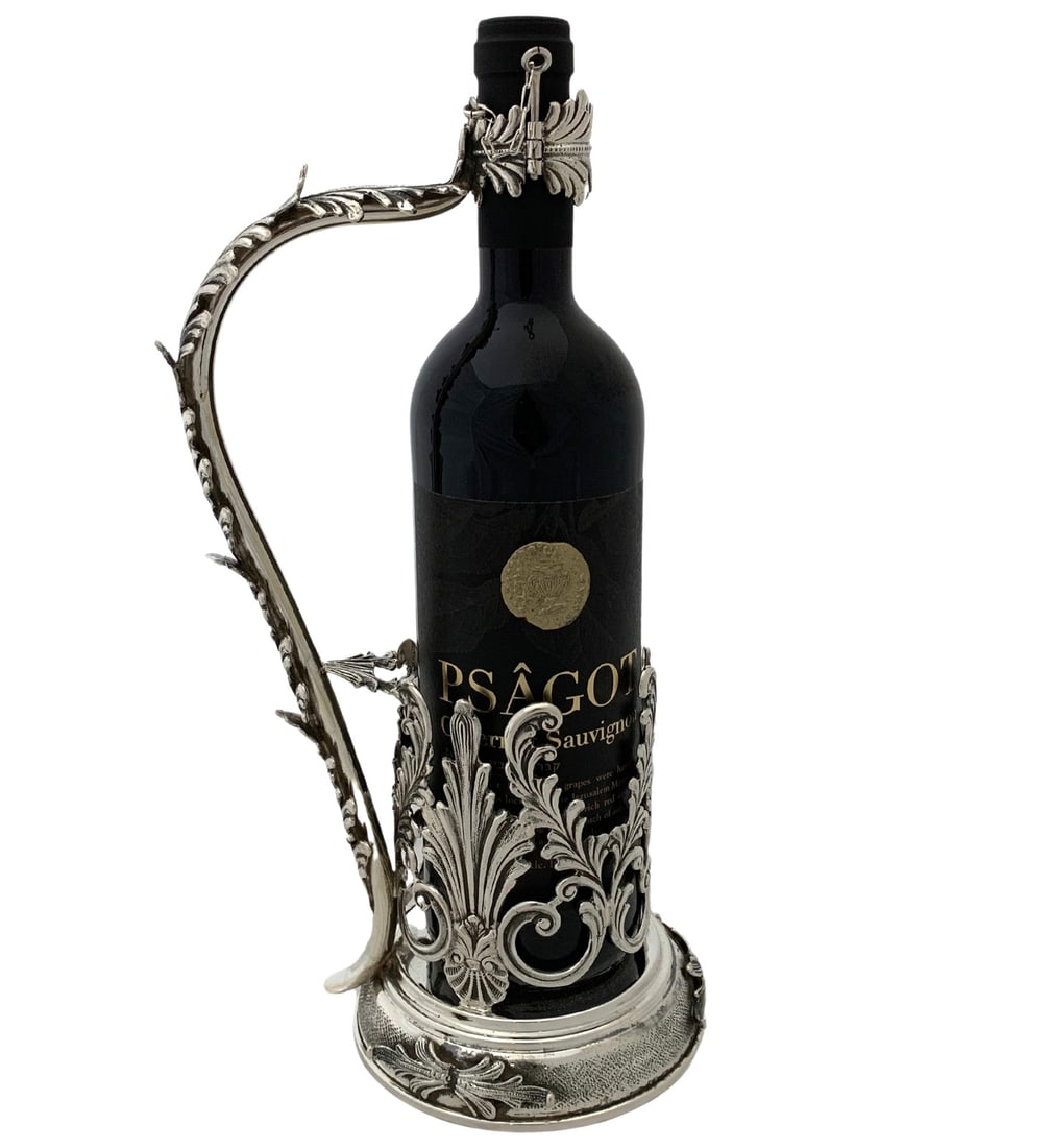 Handmade 925 Sterling Silver Leaf Applique Shell Wine Bottle Holder: Handmade 925 Sterling Silver Leaf Applique Shell Wine Bottle Holder This exquisite wine bottle holder is crafted from fine 925 sterling silver, showcasing intricate handmade heavy leaf applique shell 