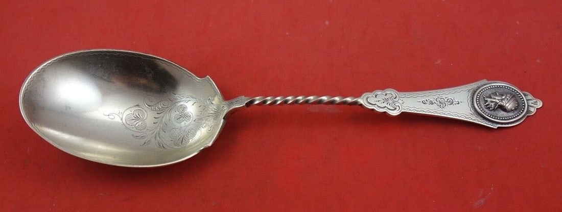Newell Harding Medallion Coin Silver Berry Spoon 9.5" Monogrammed: Newell Harding Medallion Coin Silver Berry Spoon 9.5" Monogrammed This exquisite serving spoon, crafted by Newell Harding & Co., features the elegant Medallion pattern. Made from coin silver, it showc