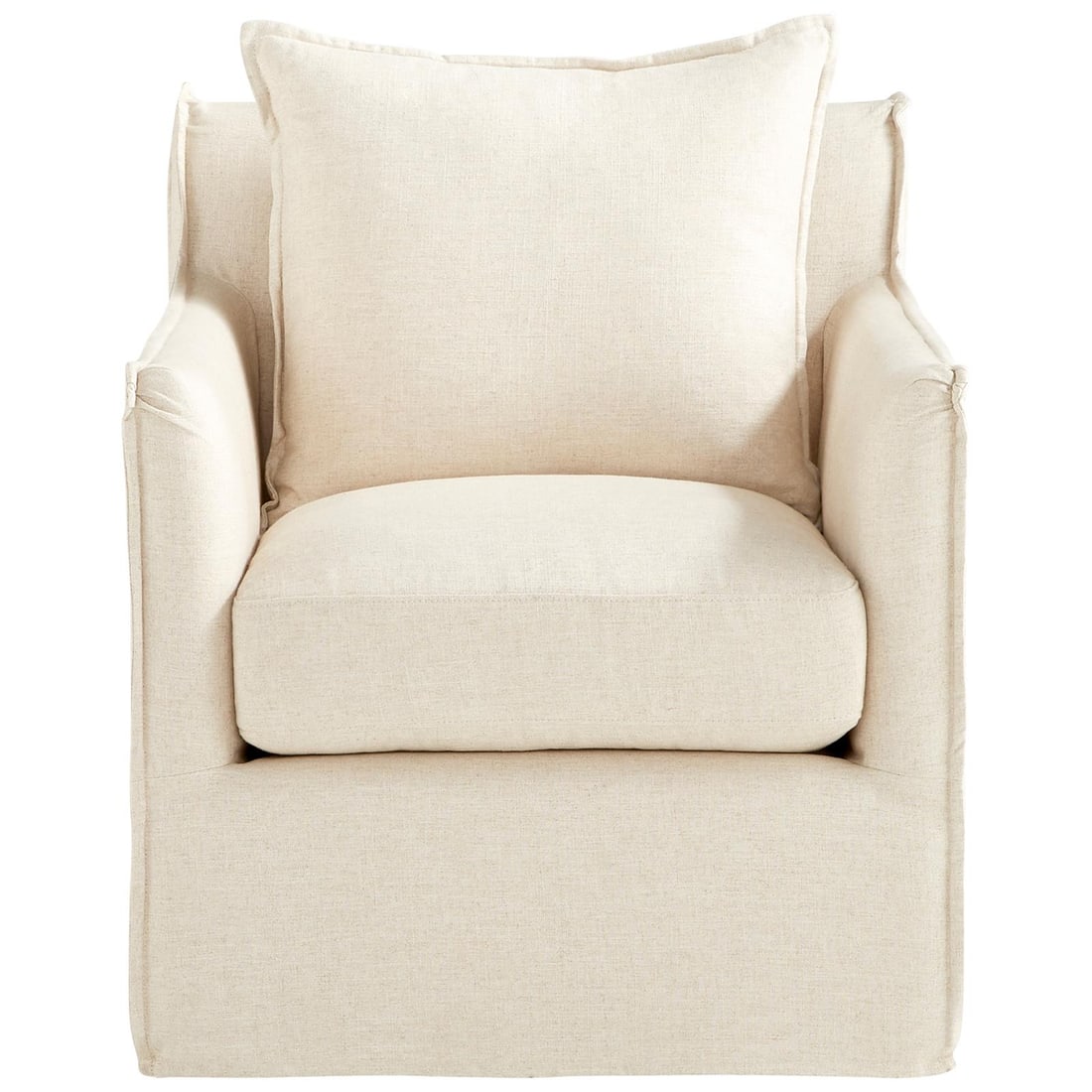 Cyan Sovente Natural Linen Swivel Chair Transitional Style: Cyan Sovente Natural Linen Swivel Chair Transitional Style Introducing the Natural Linen Swivel Chair, a perfect blend of comfort and style. This chair features a transitional design with square arms 