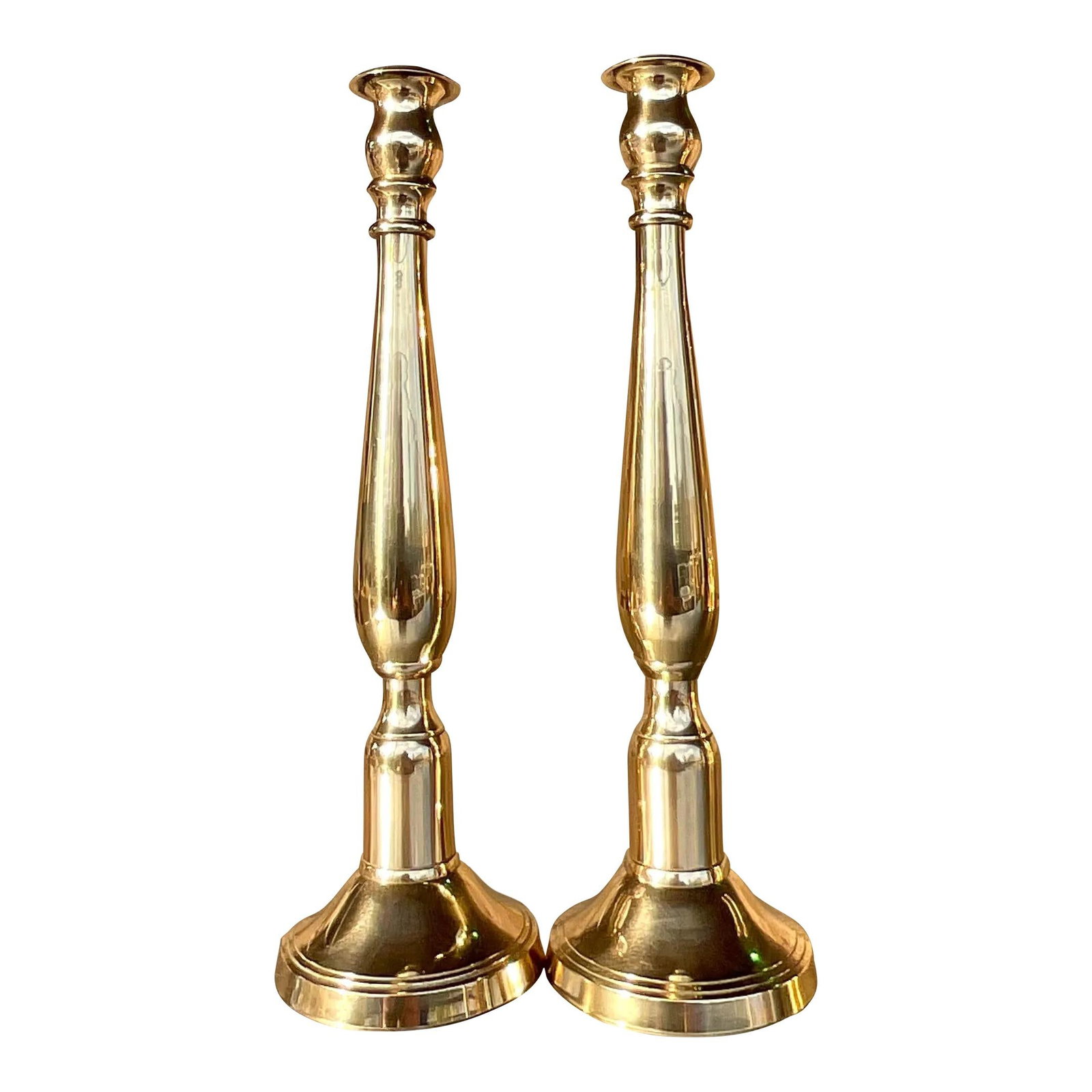 Elegant Vintage Regency Polished Brass Candlestick Pair 16.75in: Elegant Vintage Regency Polished Brass Candlestick Pair 16.75in Enhance your decor with this stunning pair of vintage Regency candlesticks, recently polished to a mirror finish. Perfect for adding a t