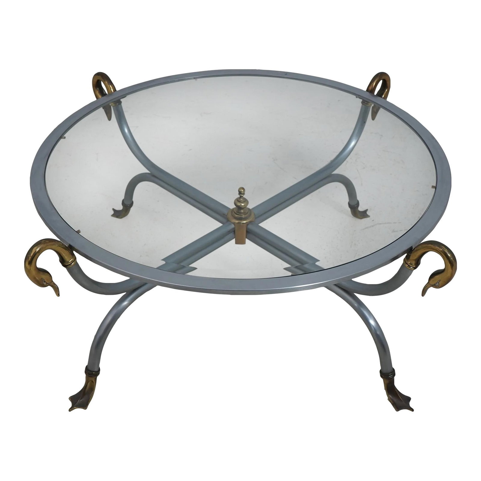 Vintage Round Coffee Table with Brass Swan Heads and Steel Base: Vintage Round Coffee Table with Brass Swan Heads and Steel Base This stunning Round Steel & Brass Swan Head Coffee Table showcases exquisite craftsmanship with its solid brass swan accents and webbed 