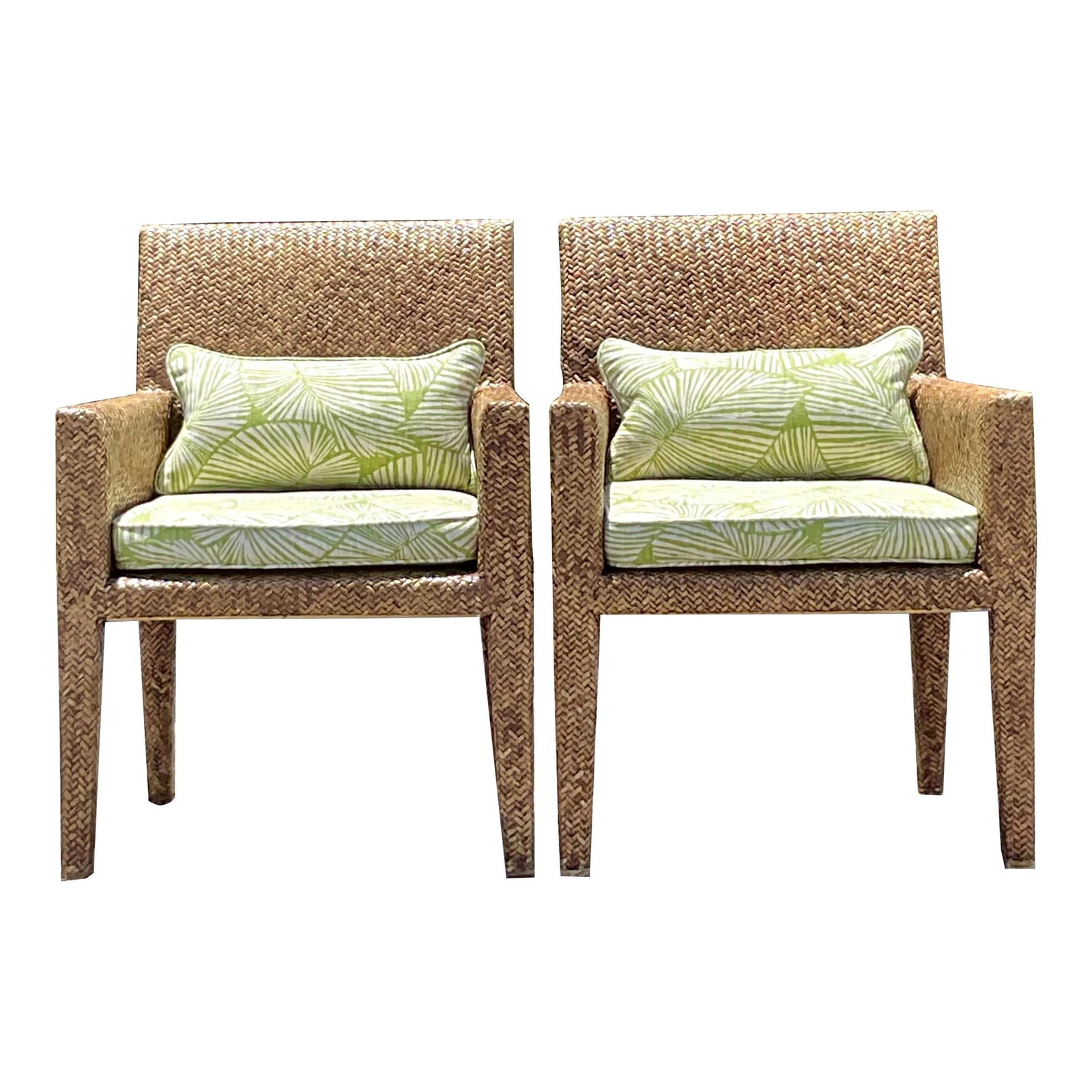 Coastal Vintage Woven Rattan Lounge Chairs Pair Coffee Color: Coastal Vintage Woven Rattan Lounge Chairs Pair Coffee Color These Vintage Coastal Woven Rattan Lounge Chairs are a delightful pair that embody the essence of American coastal style. Featuring classic