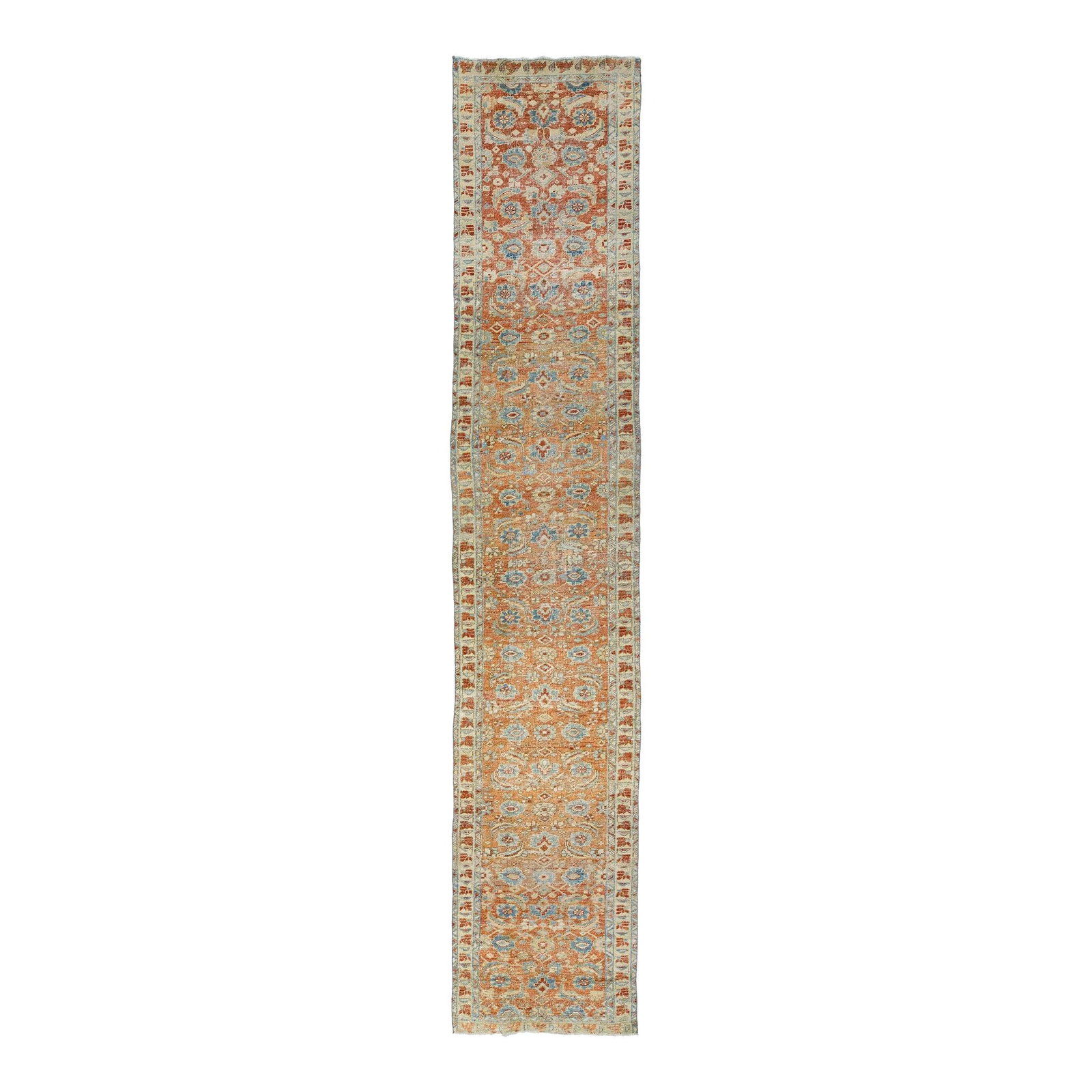 1920s Heriz Handmade Wool Runner Rust Field with Blue Accents 3' x 14'2: 1920s Heriz Handmade Wool Runner Rust Field with Blue Accents 3' x 14'2 This stunning 1920s Floral Antique Heriz Handmade Wool Runner features a vibrant rust-colored field beautifully complemented by 