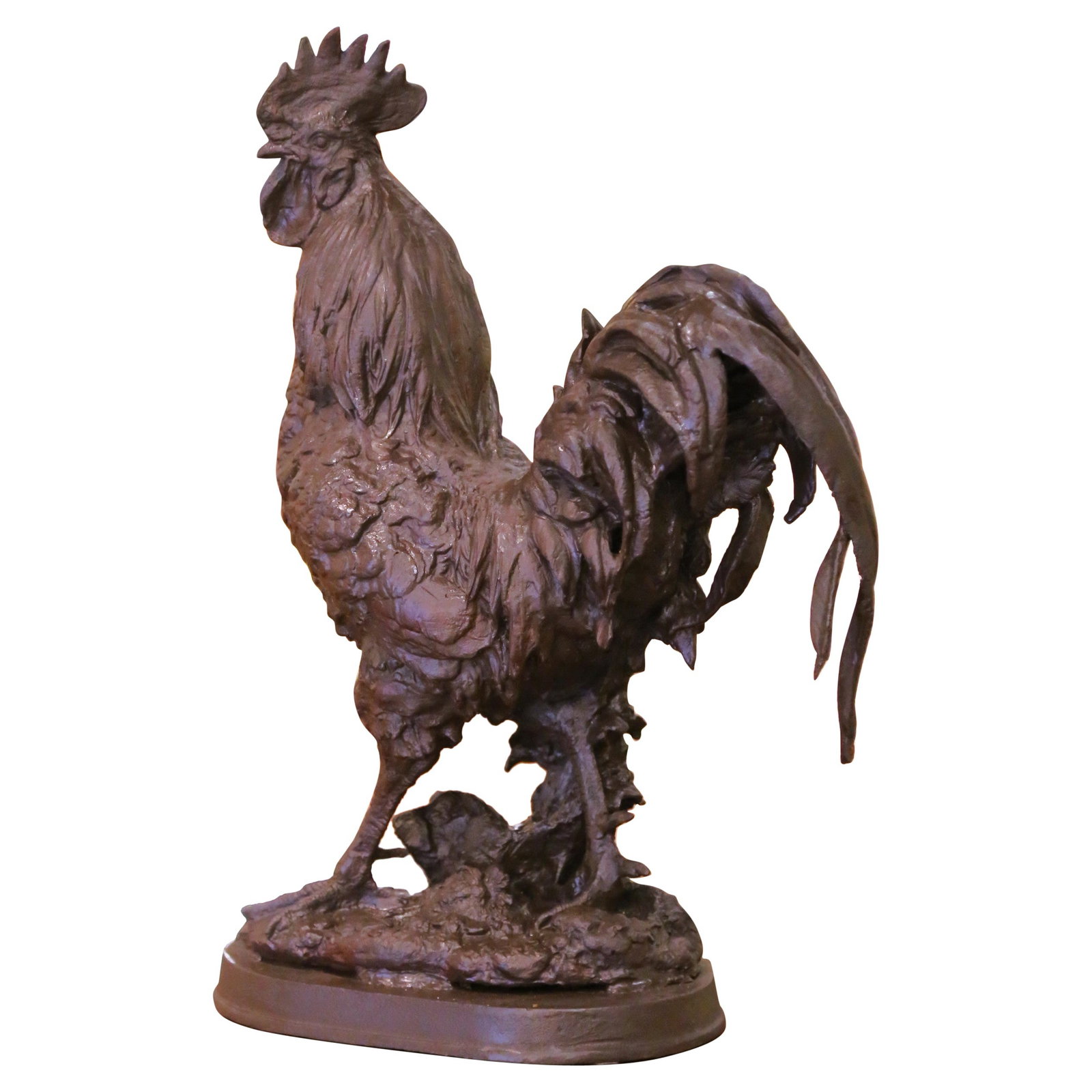 Antique Early 20th Century French Cast Iron Rooster Sculpture: Antique Early 20th Century French Cast Iron Rooster Sculpture Celebrate the proud emblem of France with this impressive early 20th-century cast-iron rooster sculpture, crafted in France circa 1920. Th