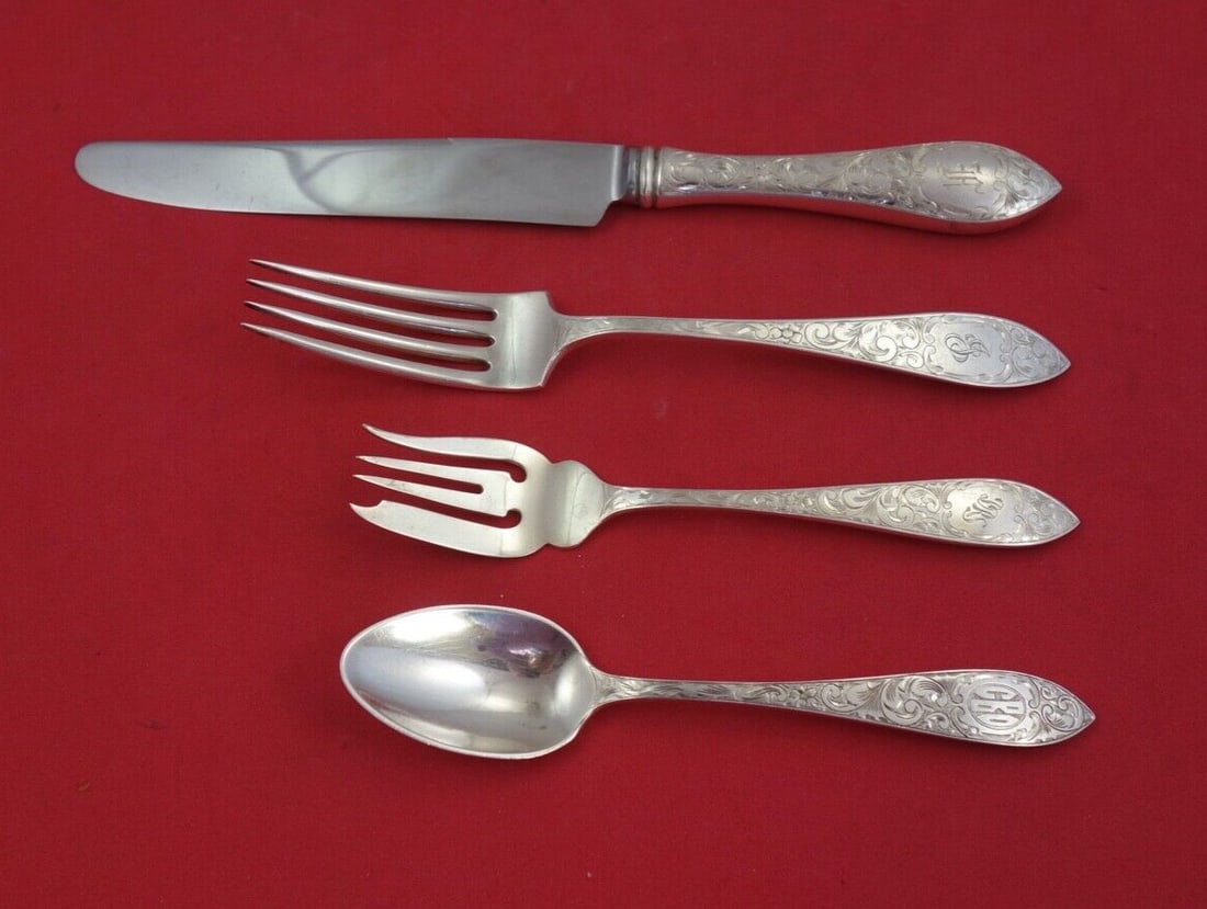Schofield Lorraine Sterling Silver 4 Piece Dinner Setting: Schofield Lorraine Sterling Silver 4 Piece Dinner Setting This Lorraine by Schofield sterling silver dinner set includes four pieces: a knife, a dinner fork, a salad fork, and a teaspoon. Each piece f