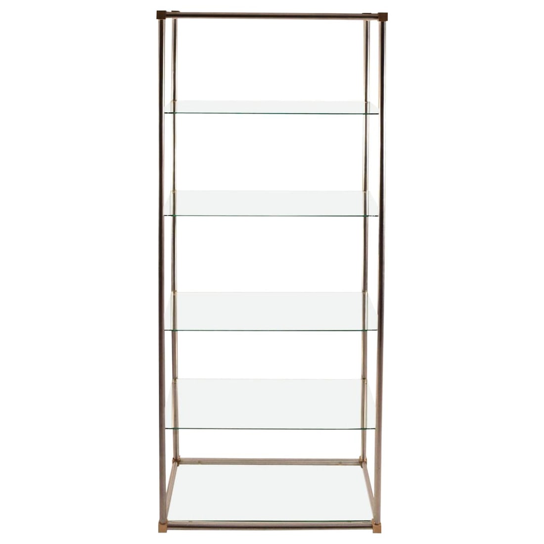 Vesey Aluminum Brass and Glass Etagere Vitrine Stylish Display Shelf: Vesey Aluminum Brass and Glass Etagere Vitrine Stylish Display Shelf Enhance your space with this stylish Aluminum and Brass Etagere, Vitrine by Vesey. Featuring a modern tubular satin finish aluminum