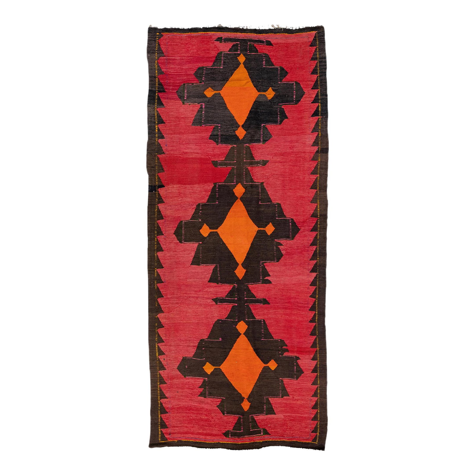 Vintage Turkish Kilim Red Wool Rug 5'2 x 12'3 Tribal Design: Vintage Turkish Kilim Red Wool Rug 5'2 x 12'3 Tribal Design This stunning vintage Turkish Kilim rug showcases a rich red field adorned with vibrant multicolor accents in an all-over geometric tribal d