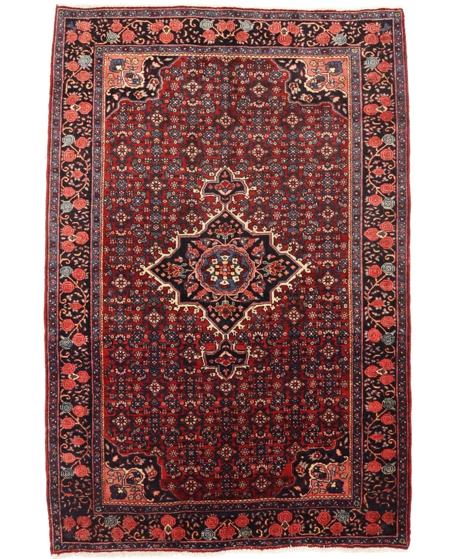 Hand-Knotted Wool Area Rug 4'3 x 6'5 Vintage Maroon Floral Design: Hand-Knotted Wool Area Rug 4'3 x 6'5 Vintage Maroon Floral Design This vintage hand-knotted oriental rug features a maroon, red, plum, salmon, and blue-gray floral pattern. Made of wool, the medium pi