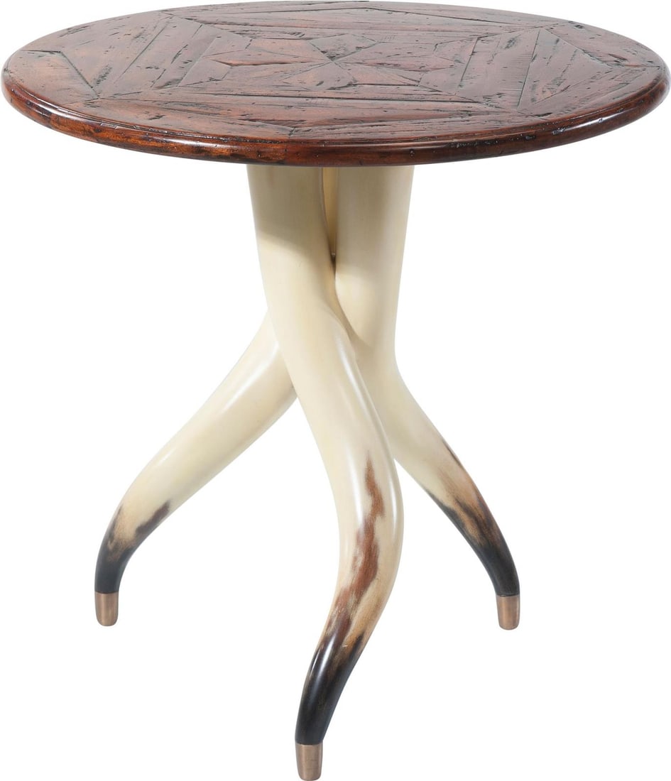 Longhorn Collection Circular Black Lacquer Side Table with Steer Motif: Longhorn Collection Circular Black Lacquer Side Table with Steer Motif This circular side table features a composite mahogany construction with a black lacquer finish, designed in an antique or vintag