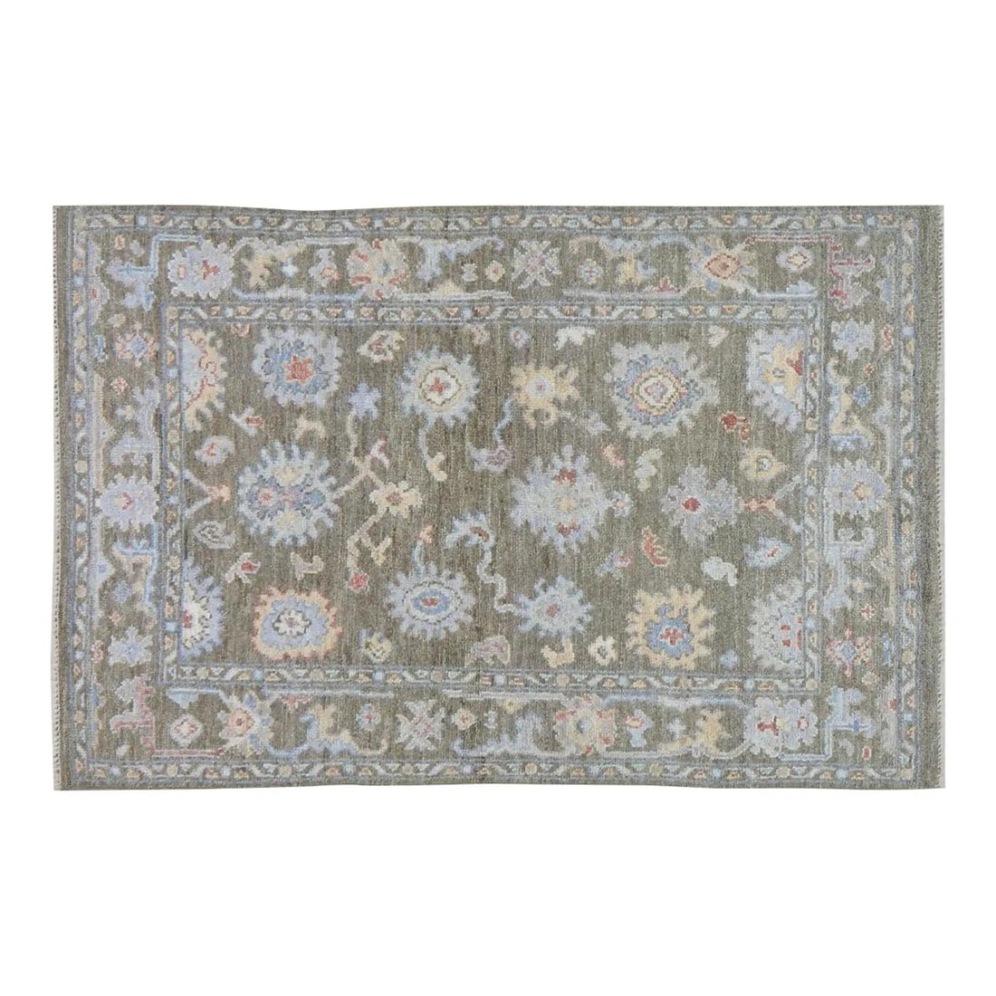 Gray Wool Oushak Area Rug Hand-Knotted 4'10" x 7' Turkish Design: Gray Wool Oushak Area Rug Hand-Knotted 4'10" x 7' Turkish Design This Turkish Oushak rug is hand-knotted from wool using traditional techniques, blending timeless craftsmanship with a modern design se