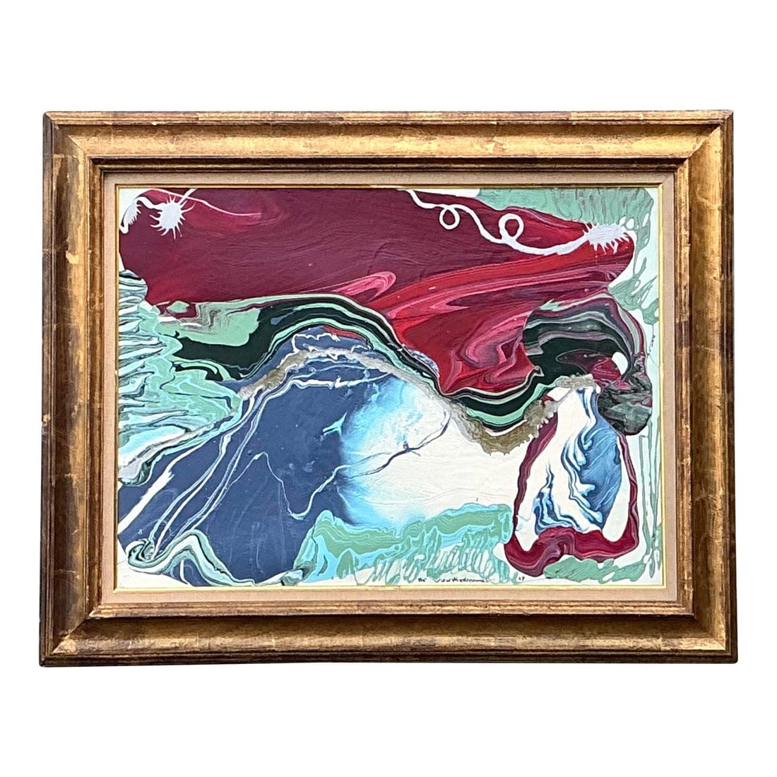 1987 Abstract Oil Painting on Canvas in Gilded Frame 40" x 32": 1987 Abstract Oil Painting on Canvas in Gilded Frame 40" x 32" This original abstract oil painting, dated 1987, showcases late Postmodern expressionism with a dynamic composition featuring swirling, h