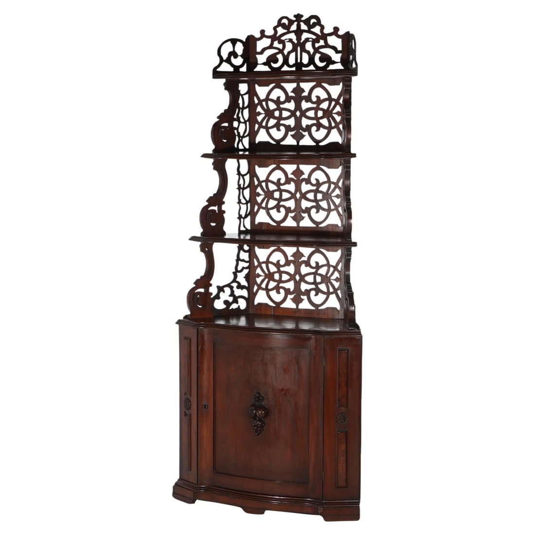 Victorian Rosewood Etagere with Ornate Carved Shelves and Lower Cabinet circa 1870: Victorian Rosewood Etagere with Ornate Carved Shelves and Lower Cabinet circa 1870 This antique Victorian etagere is crafted from rosewood and dates to around 1870. It features intricately reticulated