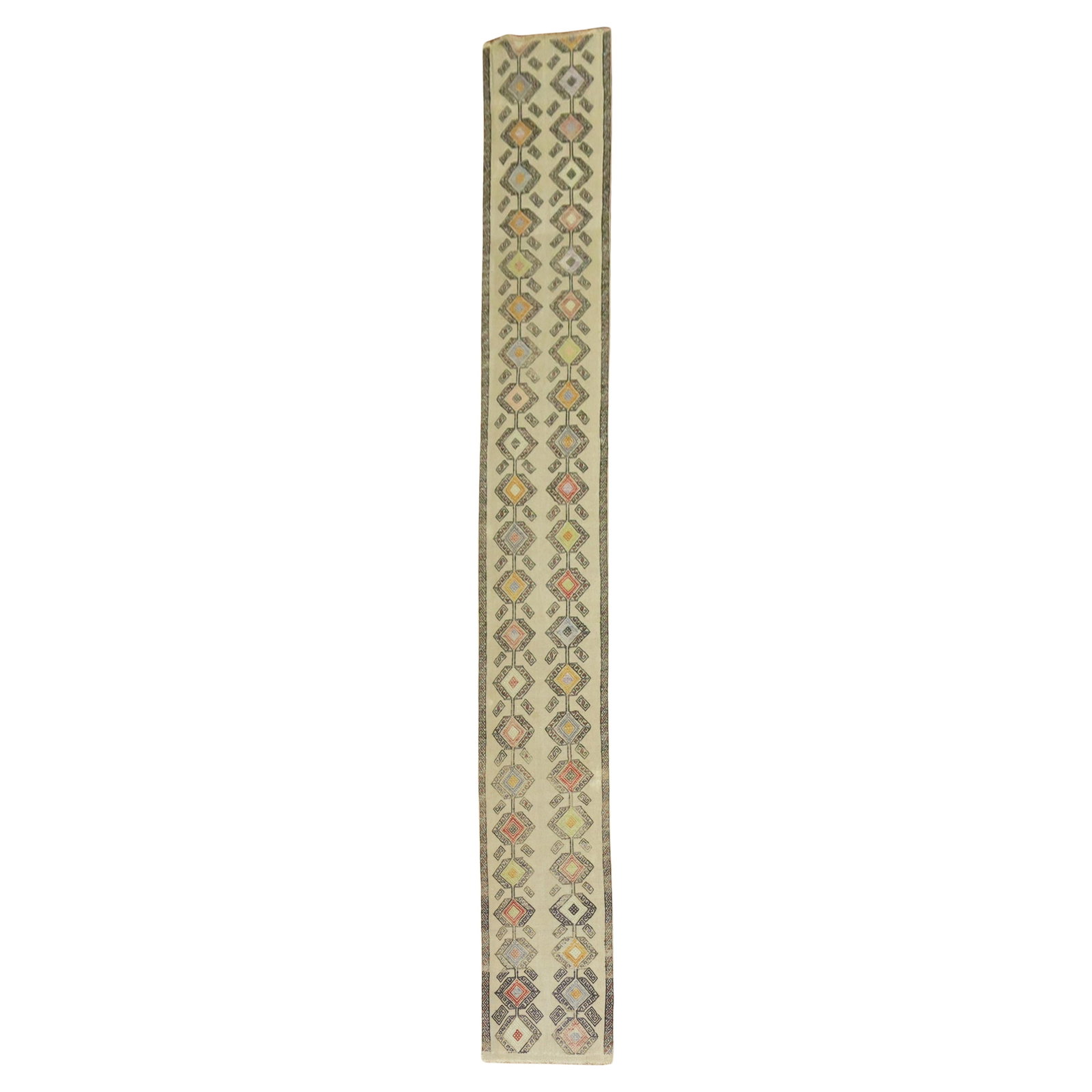 Kilim Wool Turkish Runner Mid-20th Century Jajim Weaving Long Narrow Rug: Kilim Wool Turkish Runner Mid-20th Century Jajim Weaving Long Narrow Rug This vintage Turkish runner features the rare jajim kilim weaving technique, characterized by colorful threads woven between th