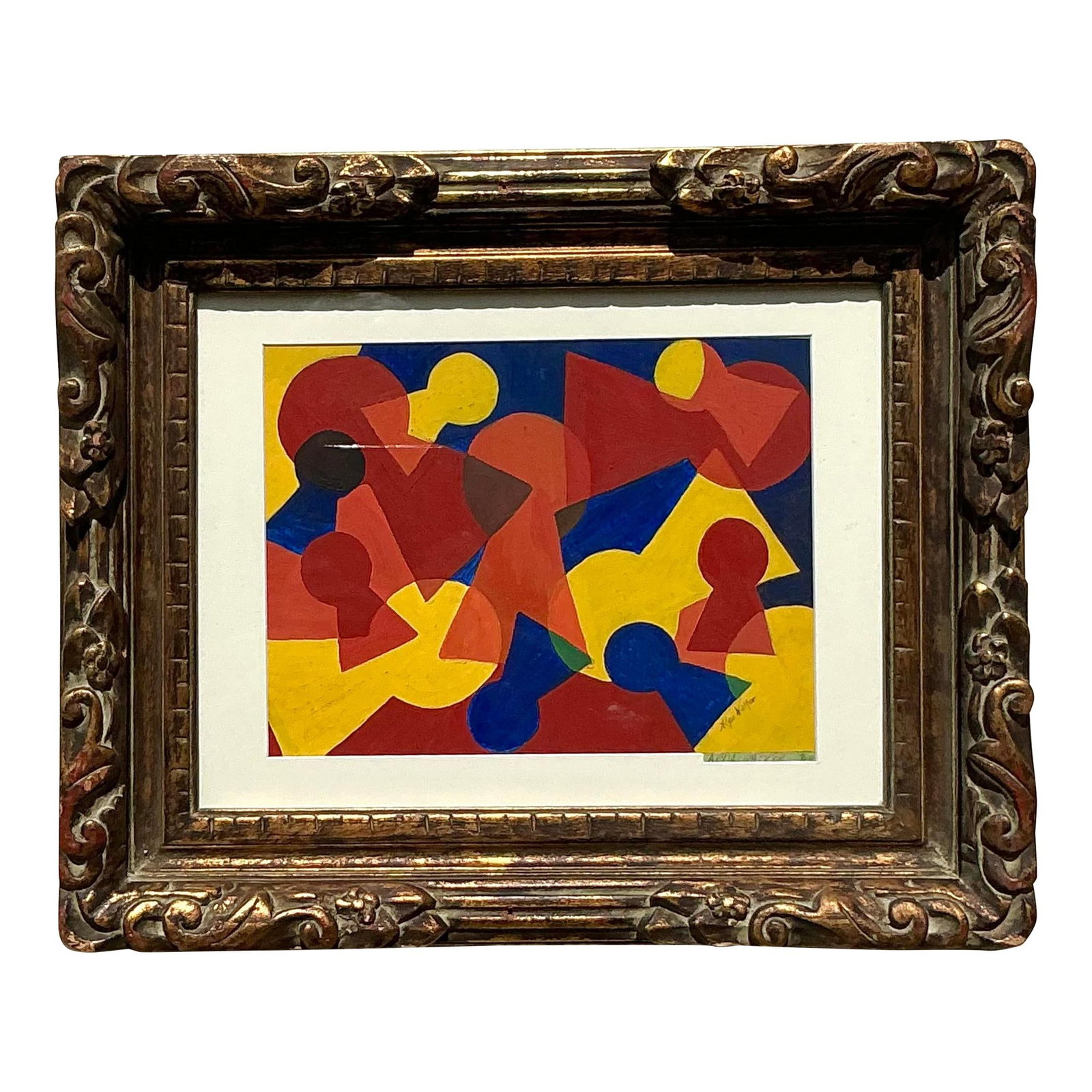 Vintage Mid-Century Modern Geometric Abstract Painting in Ornate Frame: Vintage Mid-Century Modern Geometric Abstract Painting in Ornate Frame This striking mid-century modern abstract geometric painting on paper adds a bold touch to any collection. It features vibrant hu