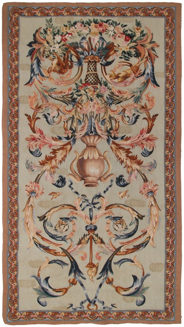French Rococo Floral Wool Tapestry Wall Hanging 3x6 Ft: French Rococo Floral Wool Tapestry Wall Hanging 3x6 Ft This rare antique French Rococo tapestry is a handmade decorative wall hanging from circa 1920. Expertly woven from 100% wool with a cotton found