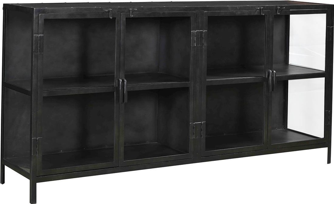 Bevens Collection French Style Iron Glass Sideboard Gunmetal: Bevens Collection French Style Iron Glass Sideboard Gunmetal Introducing the Bevens Collection Iron and Glass Sideboard, a stunning addition to any home that embodies vintage elegance. Crafted with an
