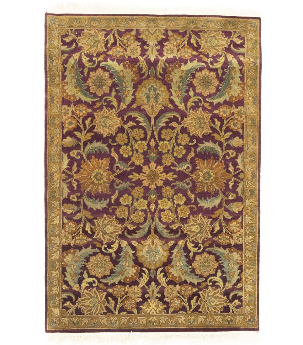Hand-knotted Wool Area Rug India Floral Pattern 4'1 x 5'10 Rectangle: Hand-knotted Wool Area Rug India Floral Pattern 4'1 x 5'10 Rectangle This handmade Oriental rug features a thick pile and floral design, crafted in India using hand-knotted wool. The rug displays a bl