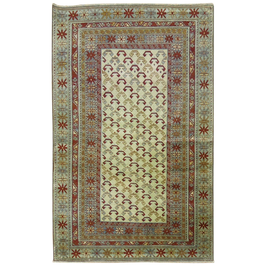 Hand Knotted Wool Shirvan Rug Ivory Blue Red Caucasus (1 of 7)
