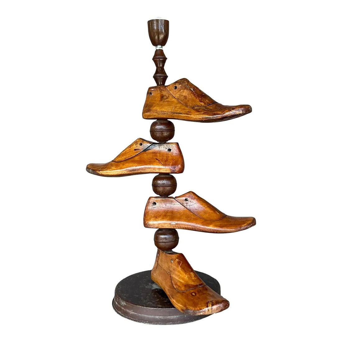 Unique Vintage Boho Shoe Mold Lamp Artisan Design Wood Metal 25 Inch: Unique Vintage Boho Shoe Mold Lamp Artisan Design Wood Metal 25 Inch Illuminate your space with the extraordinary character of this Vintage Boho Shoe Mold Lamp. Crafted from authentic, time-worn woode