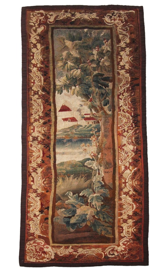 Antique Flemish Wool Silk Verdure Tapestry 4x9 ft: Antique Flemish Wool Silk Verdure Tapestry 4x9 ft This rare 18th-century Flemish tapestry is an authentic handwoven piece crafted from wool and silk. Originating from Belgium, it features a verdure sc