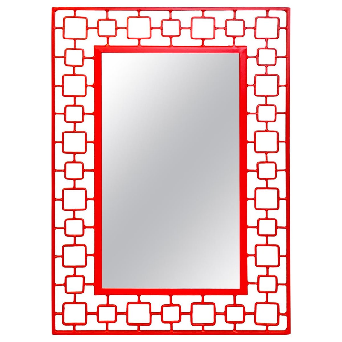 Vintage French Modern Red Enameled Iron Mirror 1950s: Vintage French Modern Red Enameled Iron Mirror 1950s Enhance your living space with this exquisite French Modern Red Enameled Iron Mirror. Crafted in the 1950s, this stunning piece features a robust i