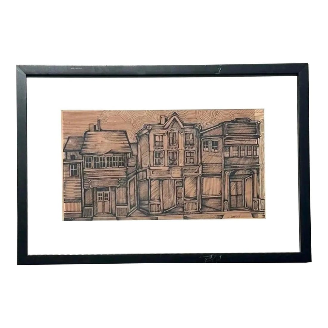 Framed Streetscape Ink Artwork with Bohemian Vintage Style: Framed Streetscape Ink Artwork with Bohemian Vintage Style This vintage boho ink drawing on paper features a detailed streetscape rendered with fine lines and crosshatching, highlighting a row of old-