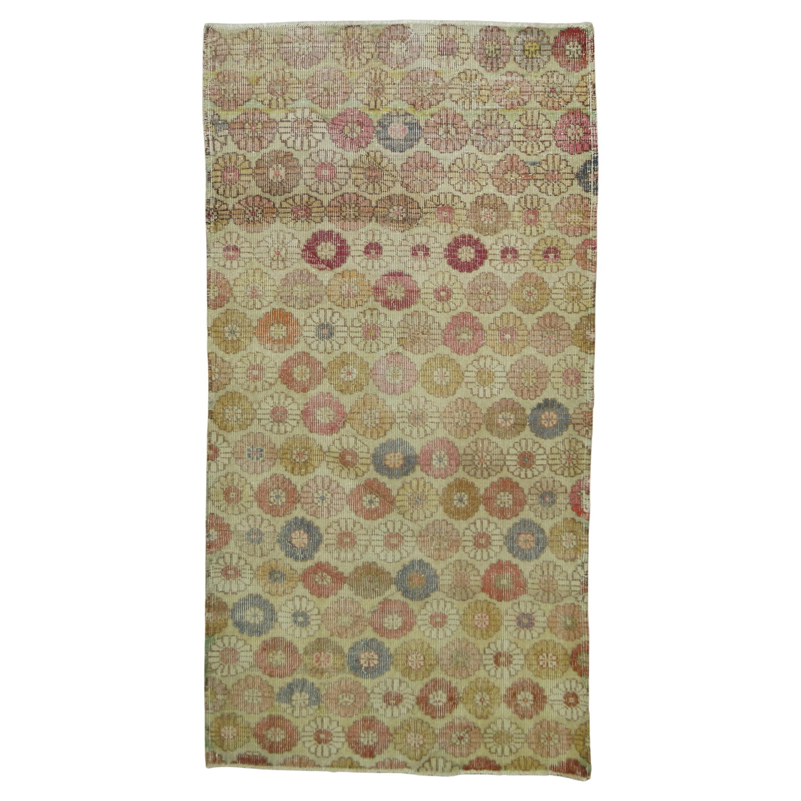 Mid-Century Modern Turkish Hand-Knotted Wool Rug 3'6" x 6'1": Mid-Century Modern Turkish Hand-Knotted Wool Rug 3'6" x 6'1" Discover the charm of this worn Turkish Deco rug, a perfect addition to any mid-century modern space. Crafted from high-quality wool using 