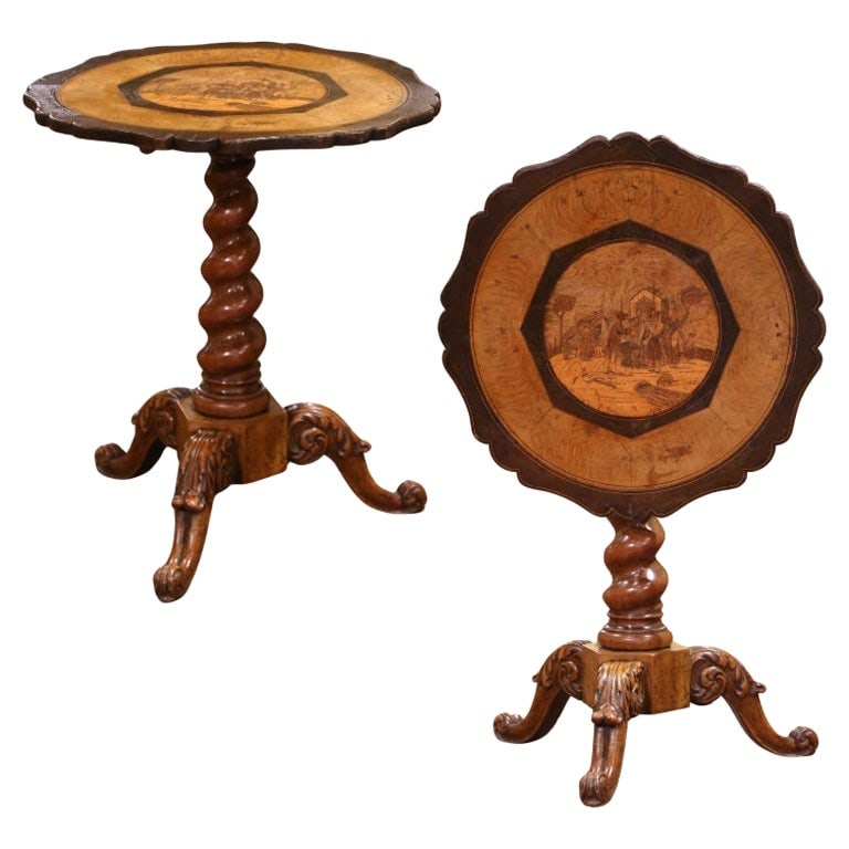 19th Century Swiss Black Forest Walnut Tilt-Top Table with Alpine Village Marquetry: 19th Century Swiss Black Forest Walnut Tilt-Top Table with Alpine Village Marquetry Crafted in Switzerland circa 1860, this exquisite 19th Century Black Forest occasional table features a round, tilt-