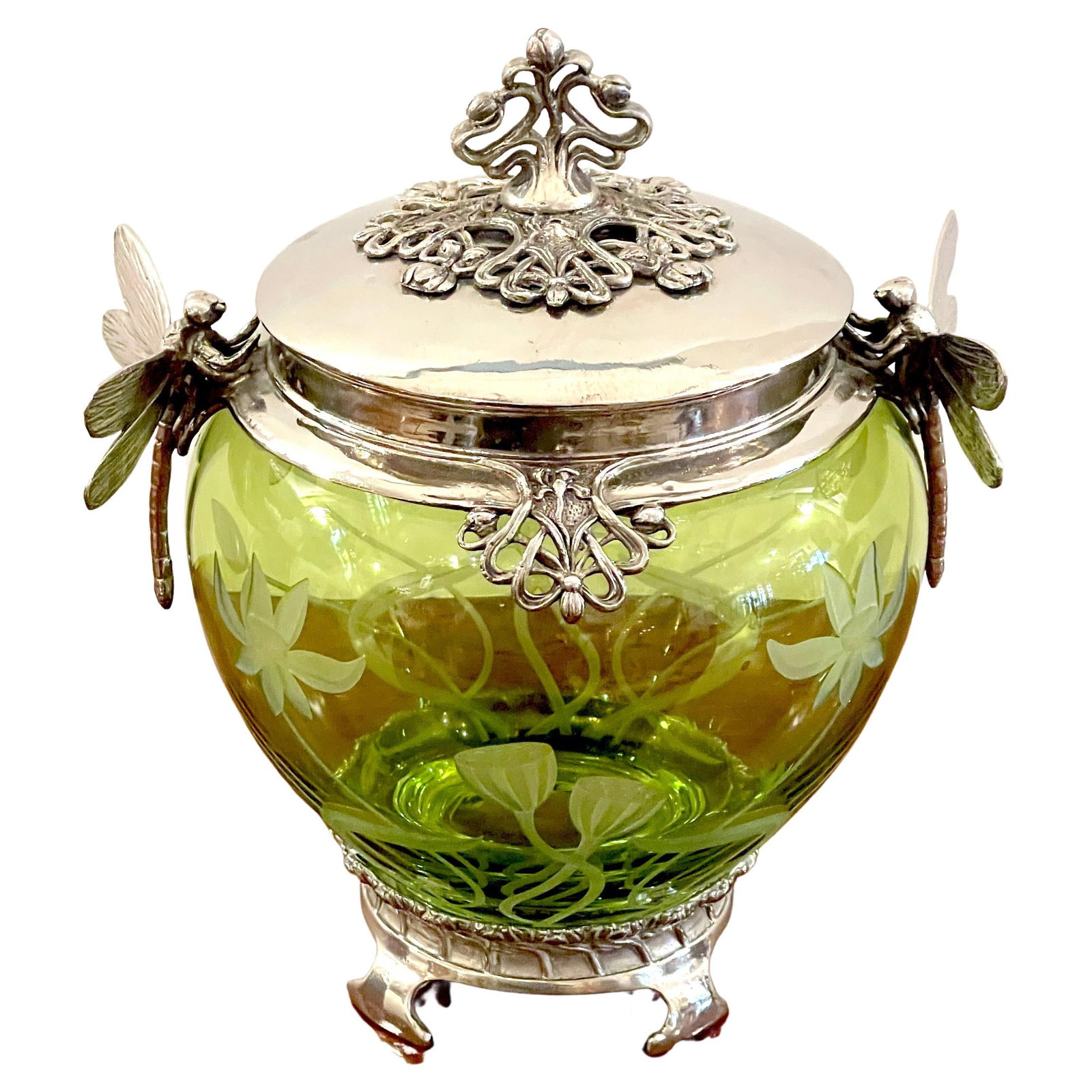 WMF Art Nouveau Silverplated Dragonfly Green Crystal Box Germany 1900s (1 of 14)