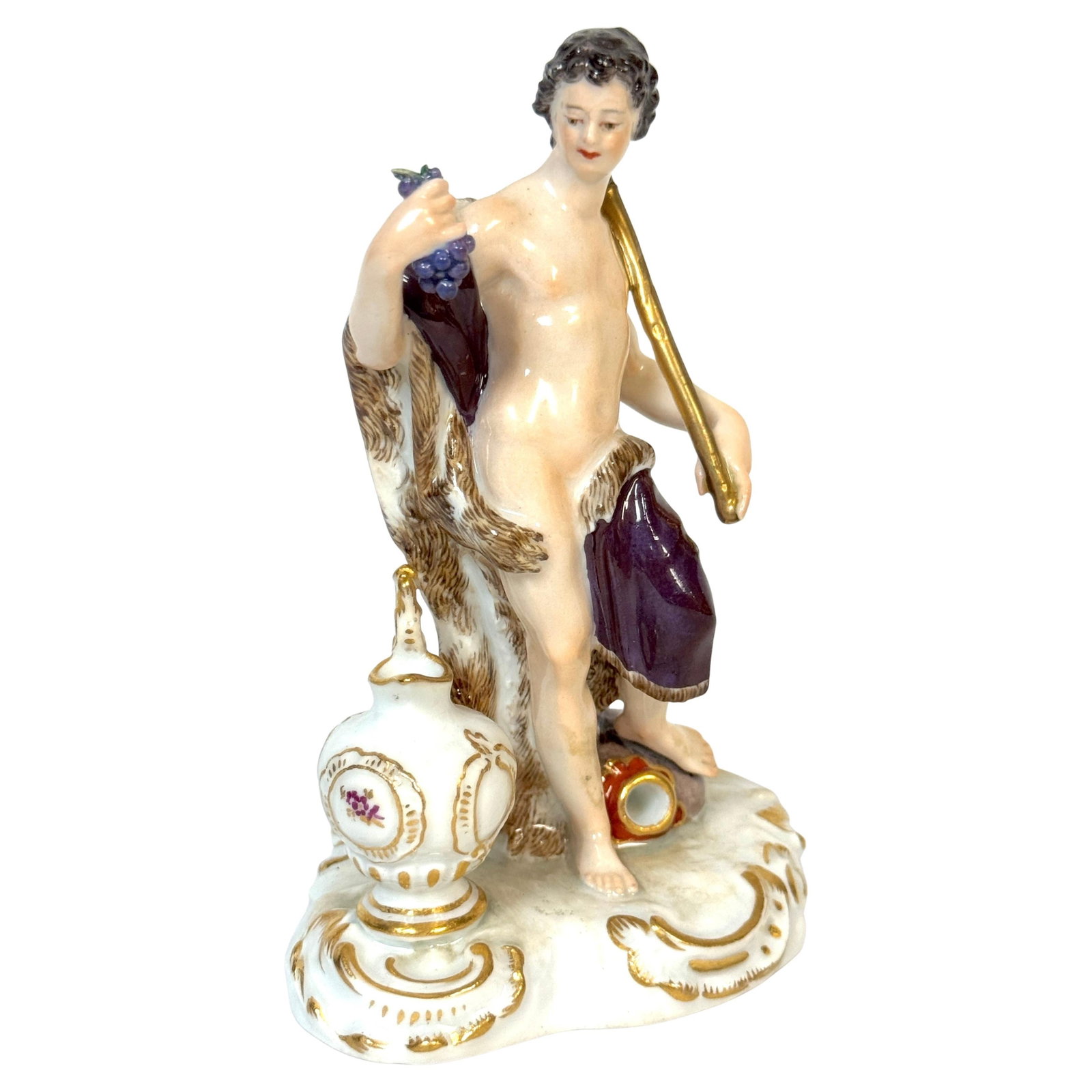 Meissen Porcelain Bacchus Figure with Grapes and Wine Jug 1900s: Meissen Porcelain Bacchus Figure with Grapes and Wine Jug 1900s This exquisite Meissen porcelain figure of Bacchus, crafted in the late 19th to early 20th century, showcases the artistic mastery of th