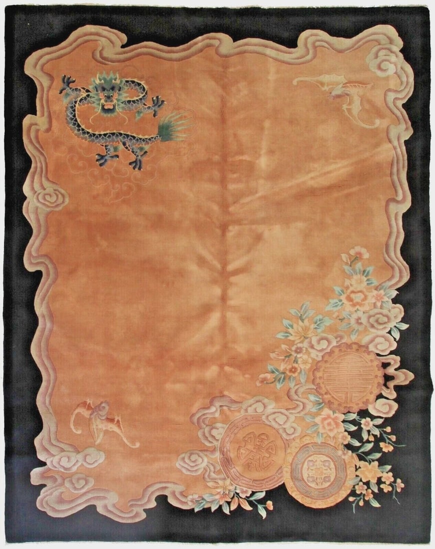 Handmade Wool Area Rug Chinese Art Deco Dragon Pink 8 x 10: Handmade Wool Area Rug Chinese Art Deco Dragon Pink 8 x 10 This vintage Art Deco area rug is a handmade Chinese wool carpet featuring a striking dragon and treasure motif in a distinctive pink colorwa