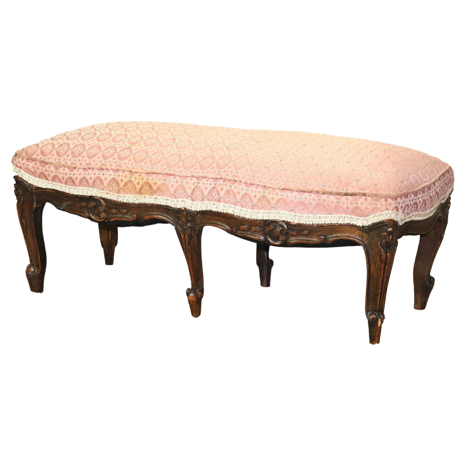 19th Century French Louis XV Carved Walnut Upholstered Stool: 19th Century French Louis XV Carved Walnut Upholstered Stool This exquisite 19th-century French stool embodies the elegance of the Louis XV style. Crafted from finely carved walnut, it features gracef