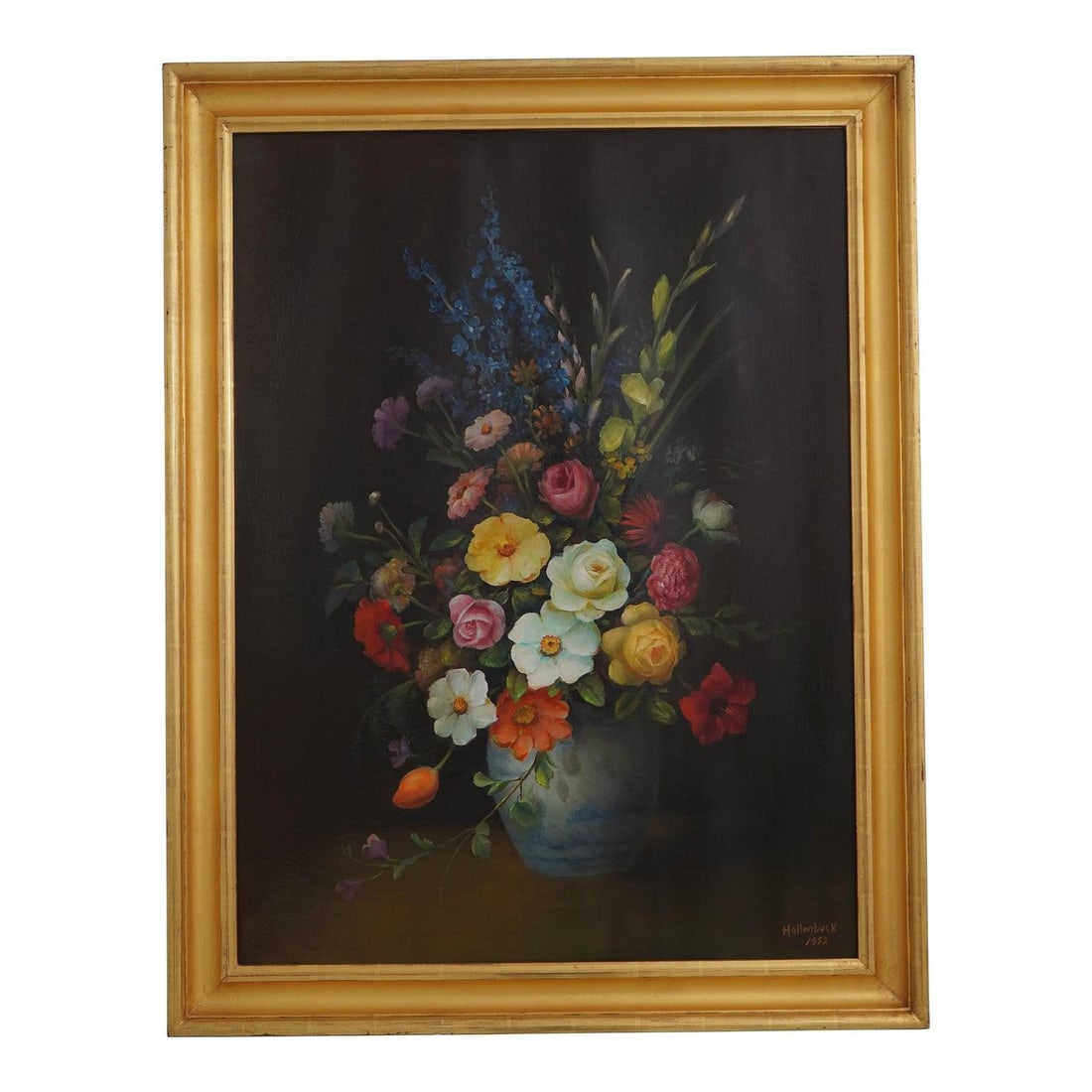 Hollenbeck 1952 Floral Still Life Oil Painting in Gold Leaf Frame: Hollenbeck 1952 Floral Still Life Oil Painting in Gold Leaf Frame This exquisite floral still life oil painting on canvas, created around 1952, showcases the artist's signature work. The piece feature