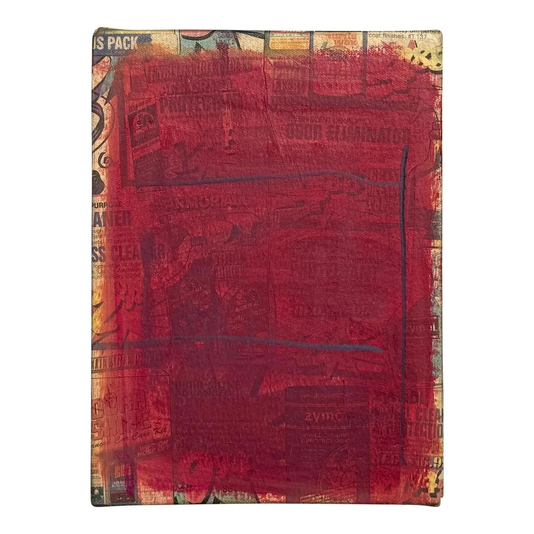 Abstract Mixed Media Art With Vintage Newspaper and Red Paint on Board: Abstract Mixed Media Art With Vintage Newspaper and Red Paint on Board This vintage boho abstract mixed media artwork combines nostalgia with minimalism, showcasing layers of vintage product advertise