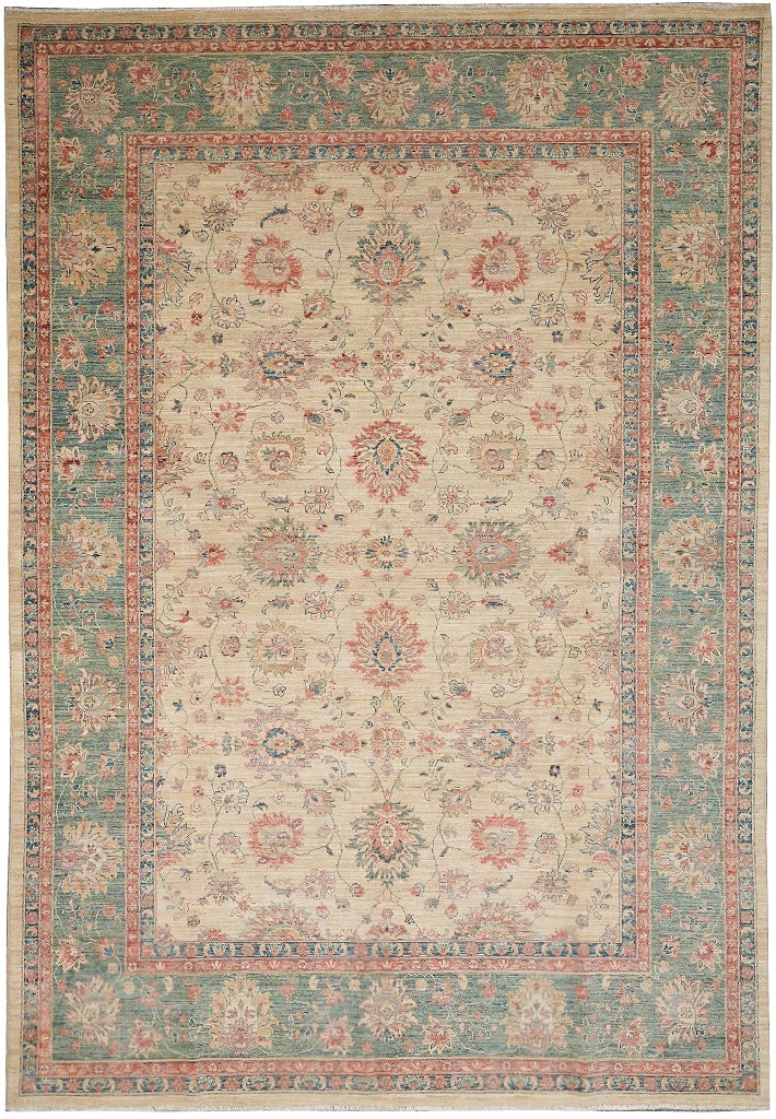 Handmade 8.1 x 10.8 Zigler Wool Rug Beige Green Coral India: Handmade 8.1 x 10.8 Zigler Wool Rug Beige Green Coral India Free continental US Shipping This handmade area rug features a Zigler-style design with a harmonious blend of beige as the main color, accen