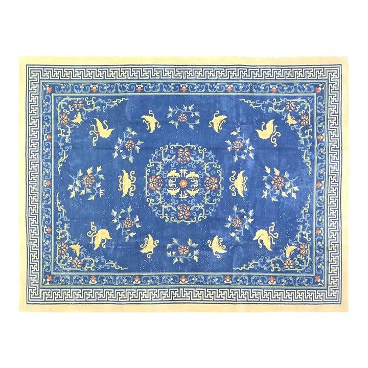 9' x 11'6" Hand-Knotted Wool Chinese Art Deco Area Rug: 9' x 11'6" Hand-Knotted Wool Chinese Art Deco Area Rug This vintage Chinese Art Deco rug is hand-knotted from wool, showcasing traditional craftsmanship with a modern design influence. The rich blue c