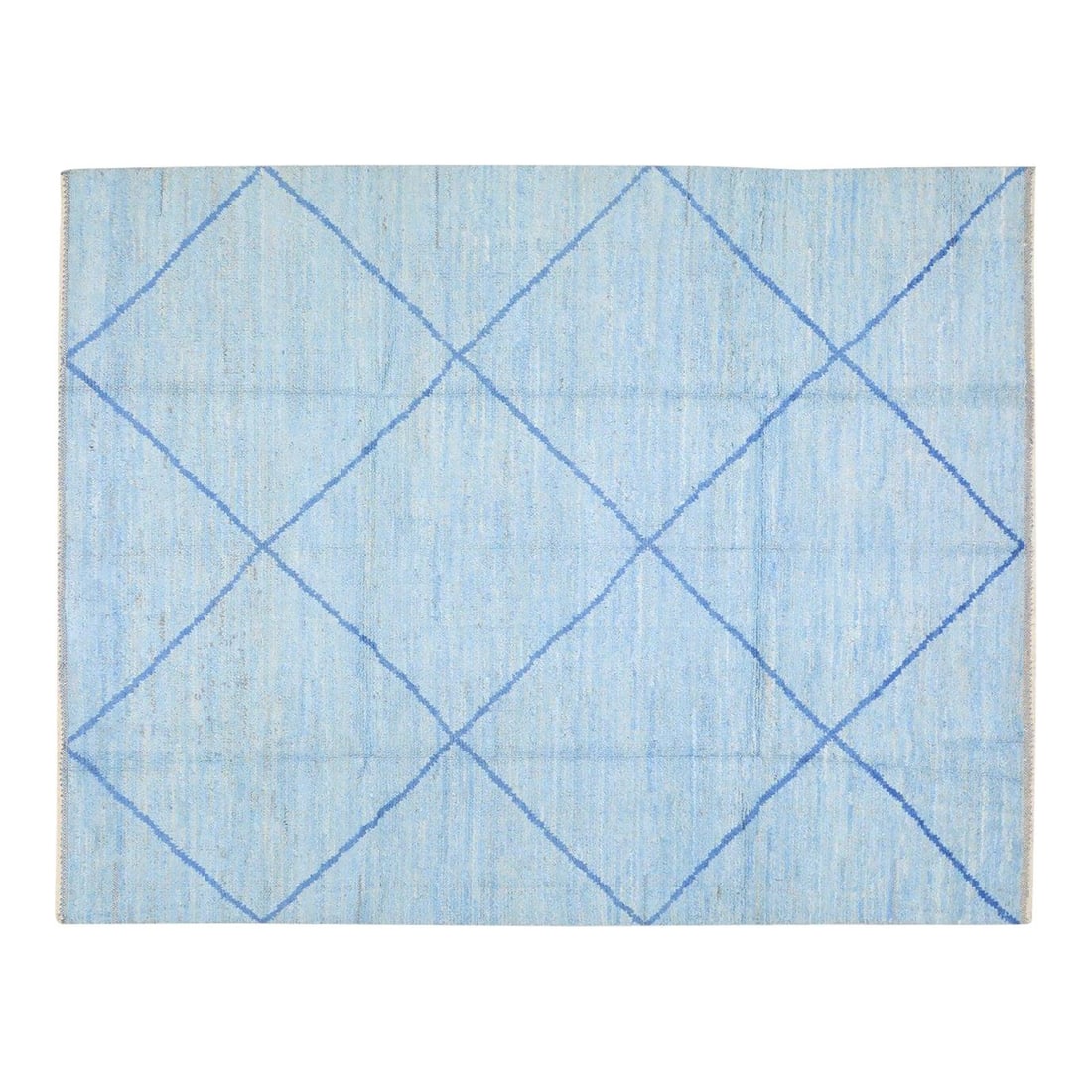 Sky Blue Abstract Wool Area Rug Hand Knotted Moroccan 7'10" x 10': Sky Blue Abstract Wool Area Rug Hand Knotted Moroccan 7'10" x 10' This Moroccan hand-knotted wool rug features an abstract design in a sky blue color. Made from high-quality wool, it offers both comfo
