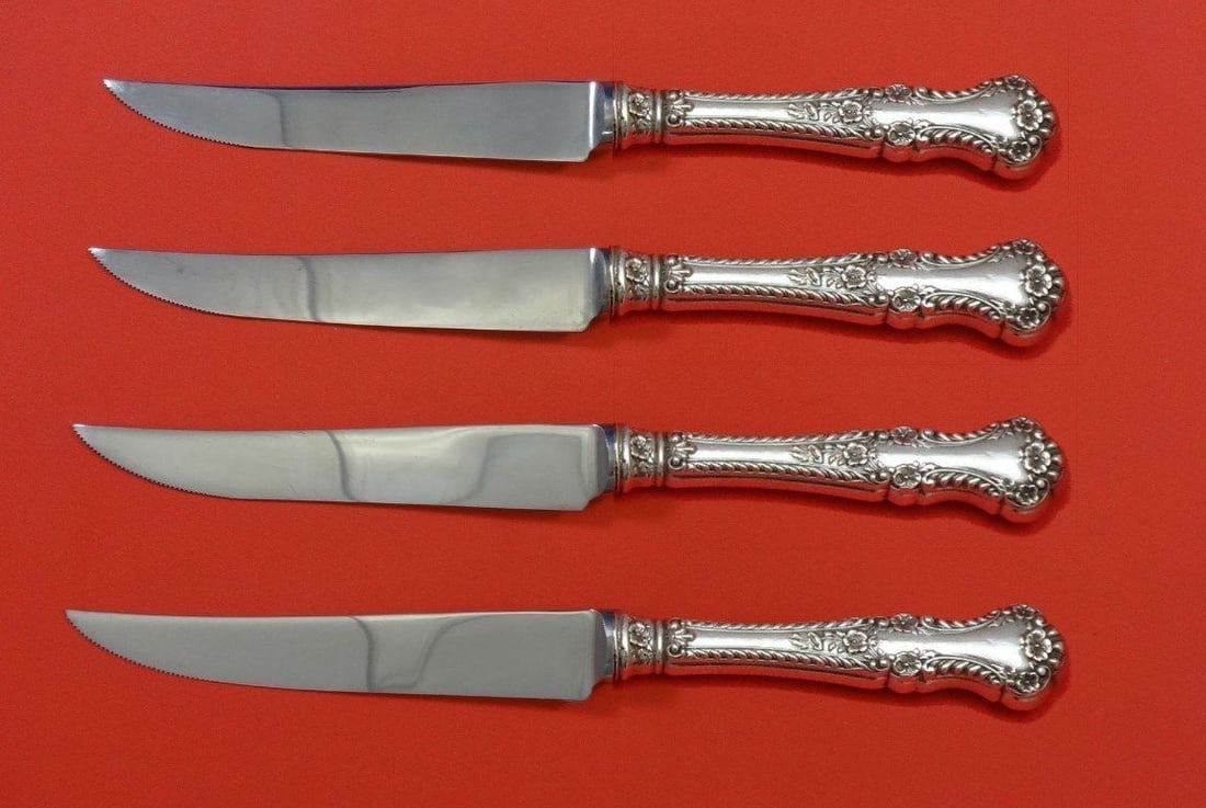 Gorham Cambridge Sterling Silver Steak Knife Set 4pc Custom 8.5": Gorham Cambridge Sterling Silver Steak Knife Set 4pc Custom 8.5" This exquisite 4-piece steak knife set features the Cambridge pattern by Gorham, crafted from high-quality sterling silver. Each knife 