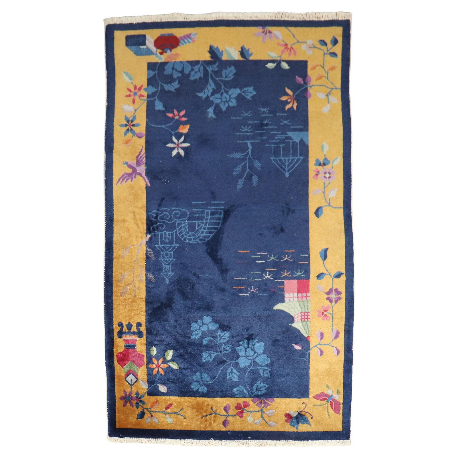 Zabihi Collection Chinoiserie Hand-Woven Wool Small Rug 3' x 5' China 1930s: Zabihi Collection Chinoiserie Hand-Woven Wool Small Rug 3' x 5' China 1930s Discover the elegance of this Zabihi Collection Chinese Art Deco Small Rug, showcasing a captivating Chinoiserie style. Hand